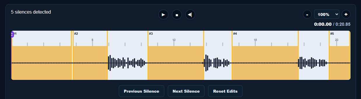 TurboCut waveform editor showing detected silences